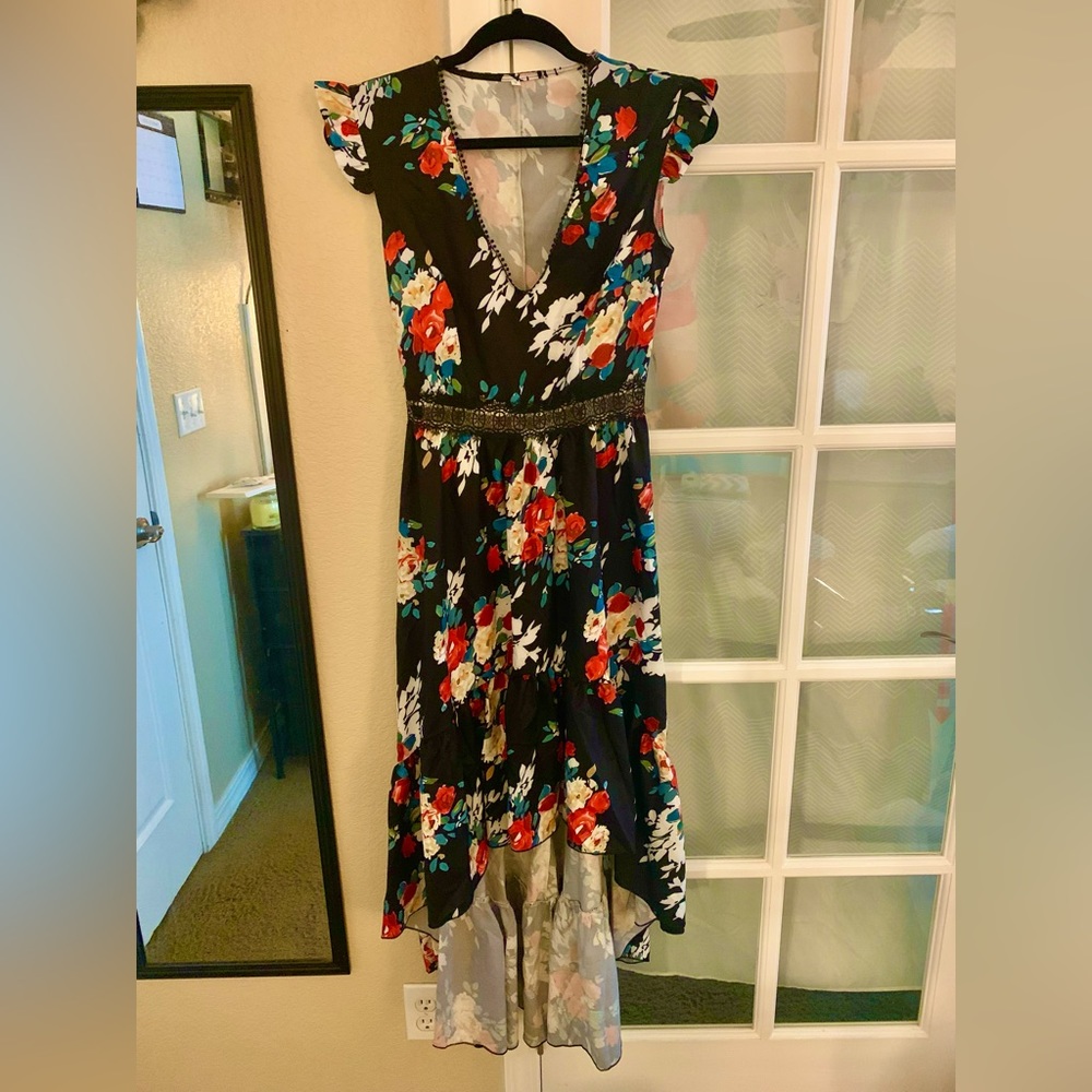Shein dress asymmetrical floral ruffle sleeve mesh waist lace beach multicolor